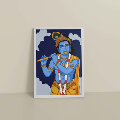 Floor View of Divine Melody – Krishna Playing the Flute Wall Art in White Color Frame