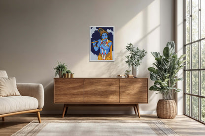 Living Room Cabinet Preview of Divine Melody – Krishna Playing the Flute Wall Art in White Color Frame