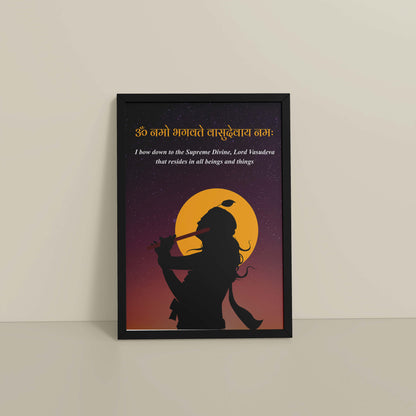 Floor View of Lord Krishna with Om Namo Bhagavate Vasudevaya Mantra Wall Art in Black Color Frame