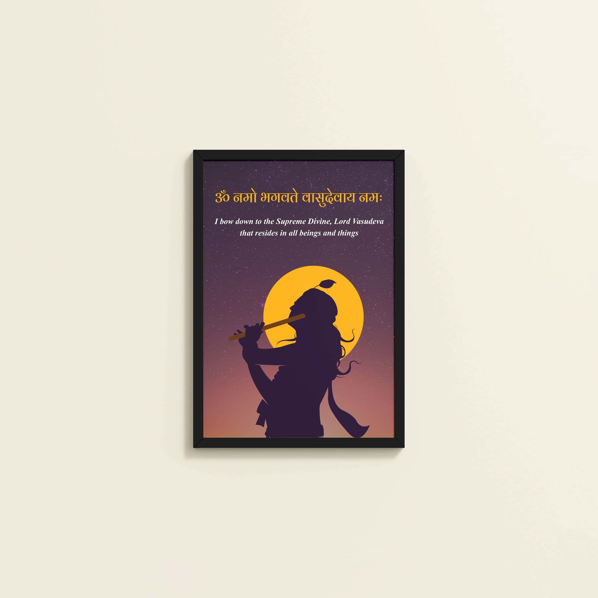 Wall View of Lord Krishna with Om Namo Bhagavate Vasudevaya Mantra Wall Art in Black Color Frame
