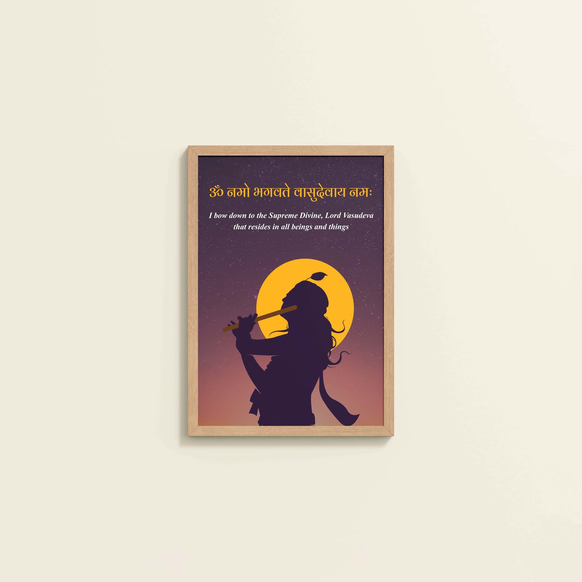 Wall View of Lord Krishna with Om Namo Bhagavate Vasudevaya Mantra Wall Art in Natrual Color Frame