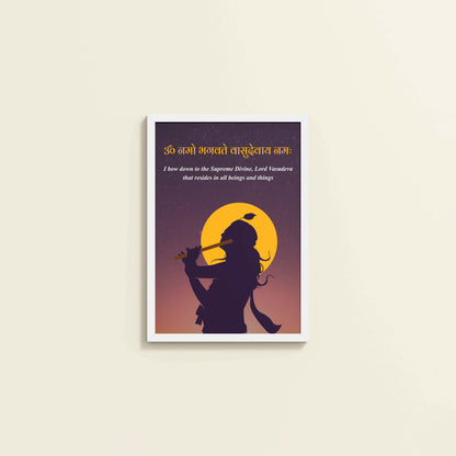 Wall View of Lord Krishna with Om Namo Bhagavate Vasudevaya Mantra Wall Art in White Color Frame