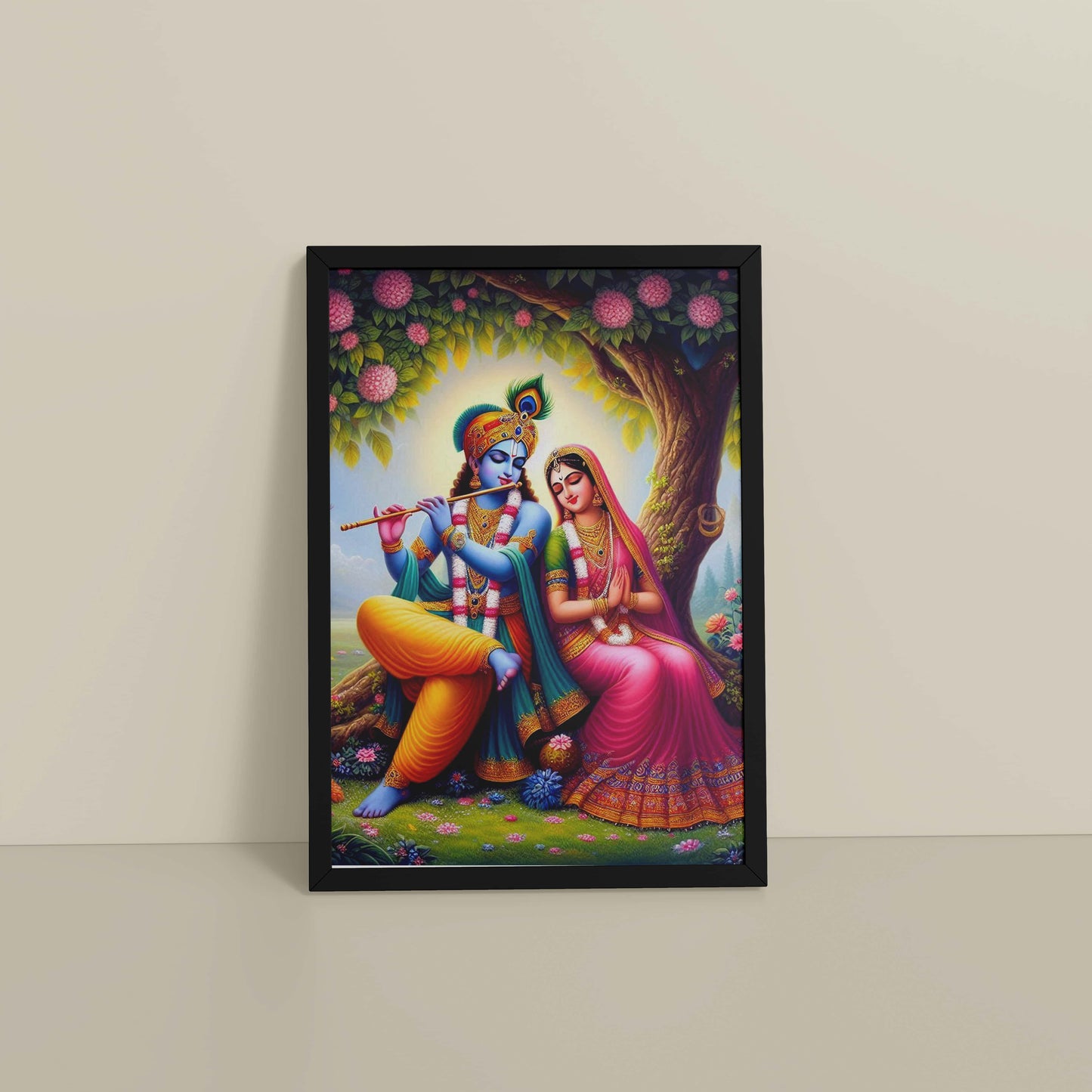 Floor View of Eternal Love – Radha Krishna Devotional Wall Art in Black Color Frame
