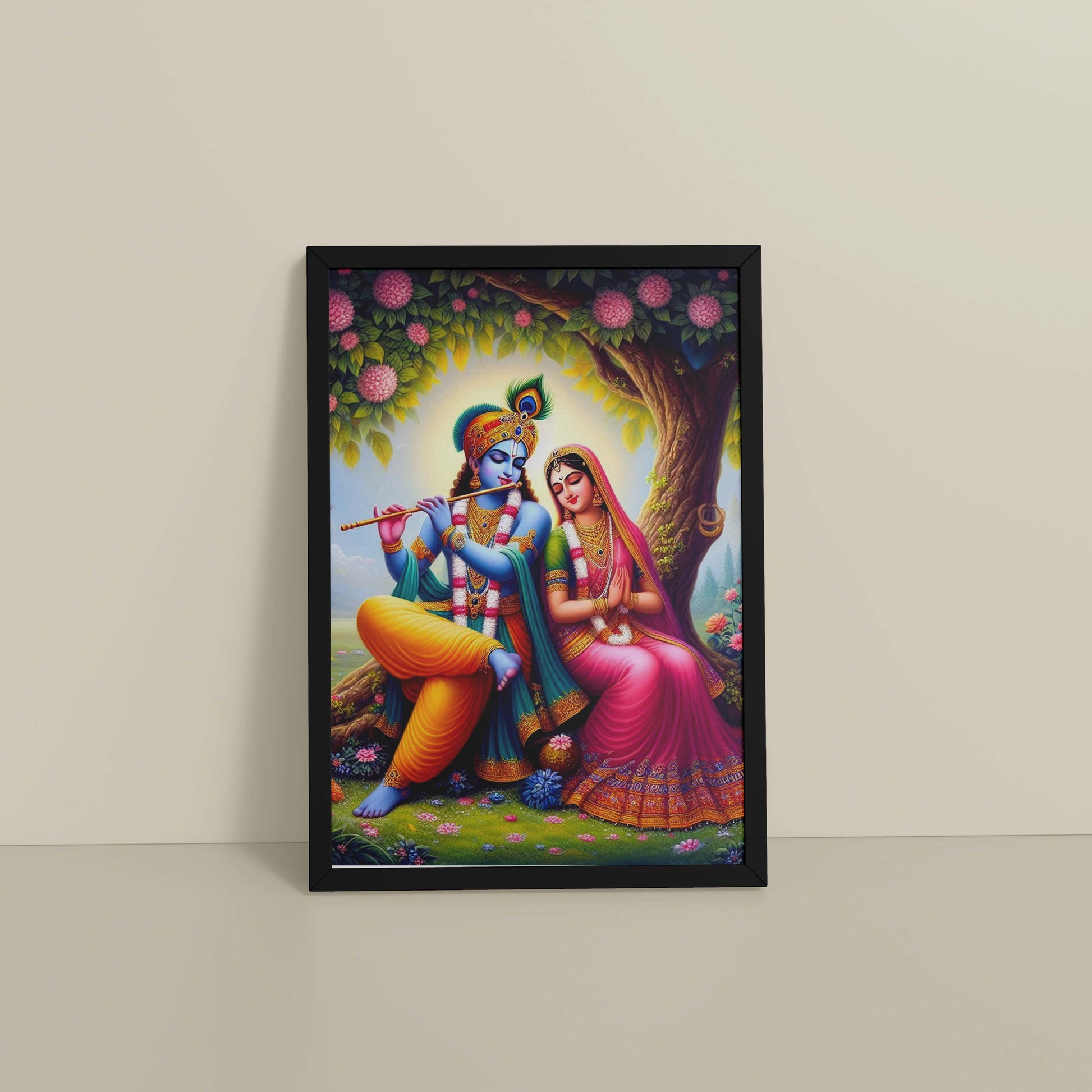 Floor View of Eternal Love – Radha Krishna Devotional Wall Art in Black Color Frame