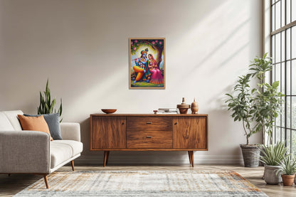 Living Room Sofa Preview of Eternal Love – Radha Krishna Devotional Wall Art in Natrual Color Frame