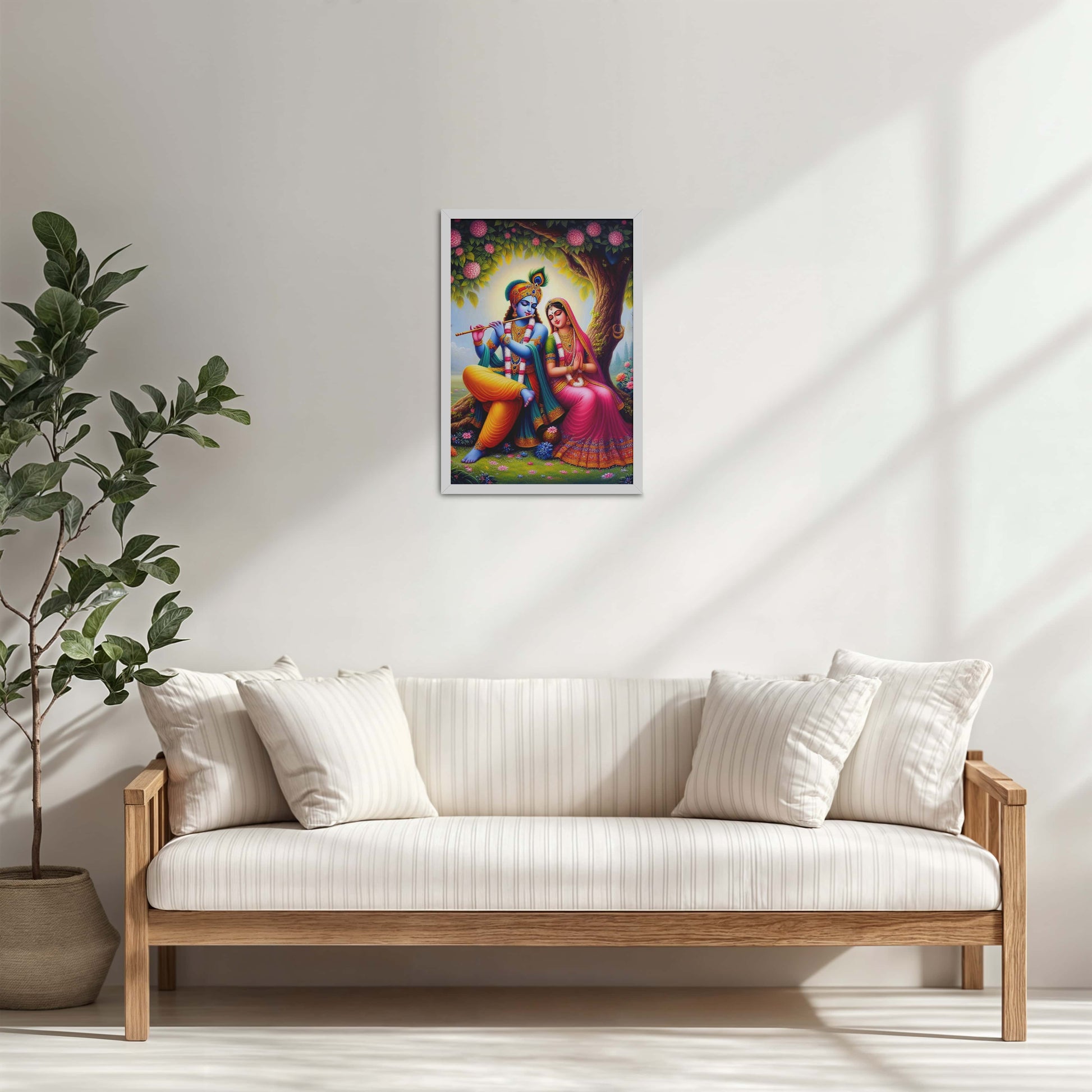 Living Room Cabinet Table Preview of Eternal Love – Radha Krishna Devotional Wall Art in White Color Frame