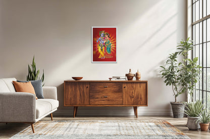 Living Room Sofa Preview of Spiritual Blessings of Radha Krishna – Wall Art & Decor in White Color Frame