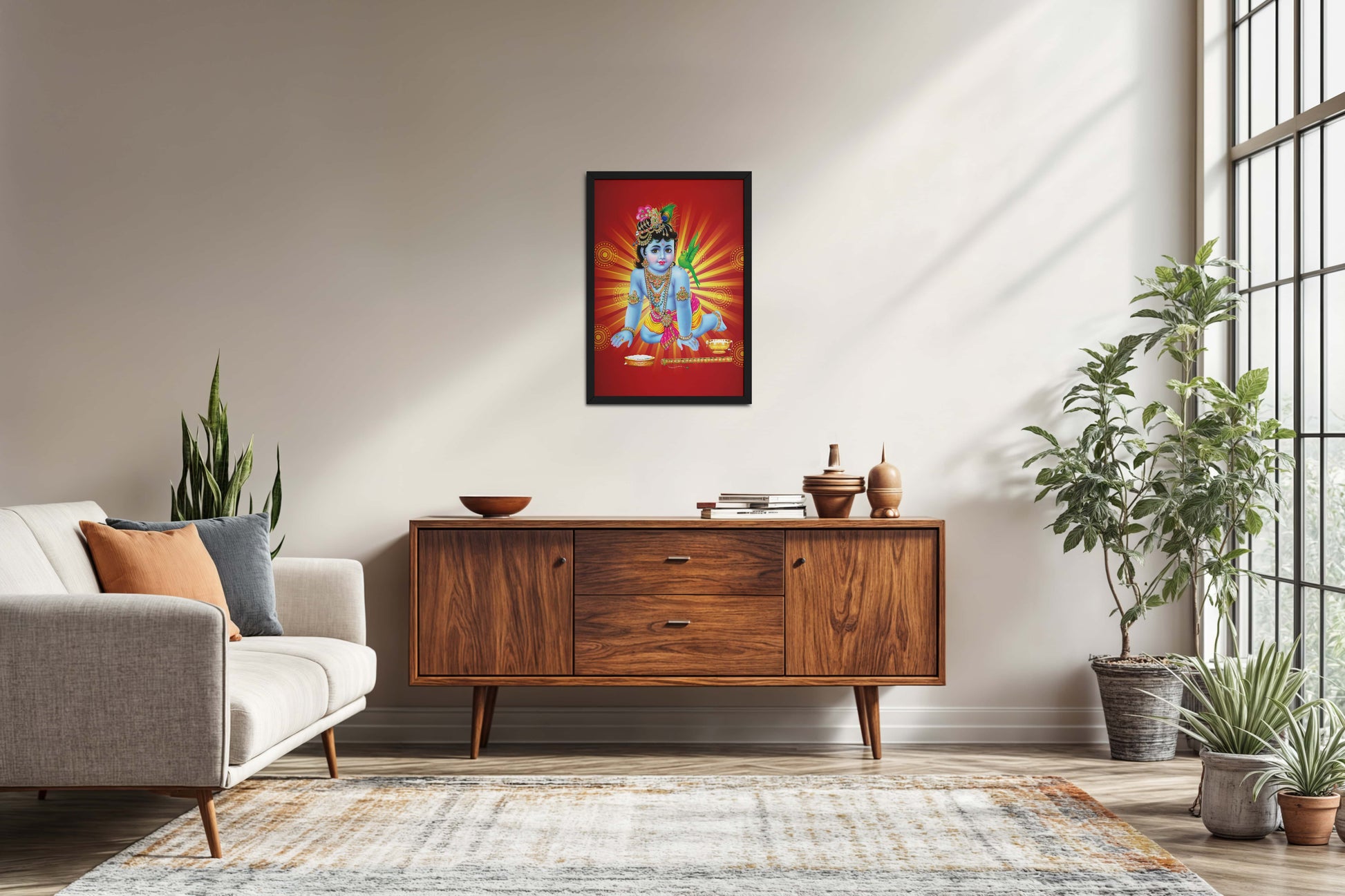 Living Room Sofa Preview of Bal Krishna Devotional Wall Frame Painting in Black Color Frame