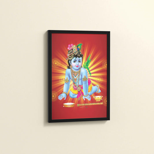 Side View of Bal Krishna Devotional Wall Frame Painting in Black Color Frame