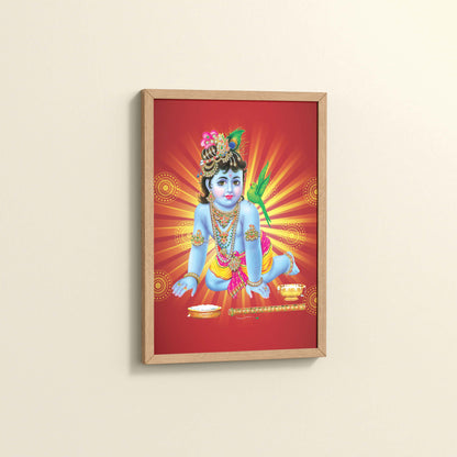 Side View of Bal Krishna Devotional Wall Frame Painting in Natrual Color Frame