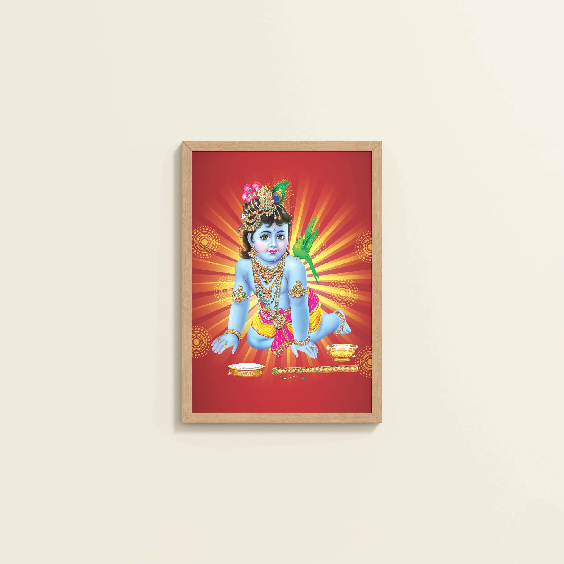 Wall View of Bal Krishna Devotional Wall Frame Painting in Natrual Color Frame