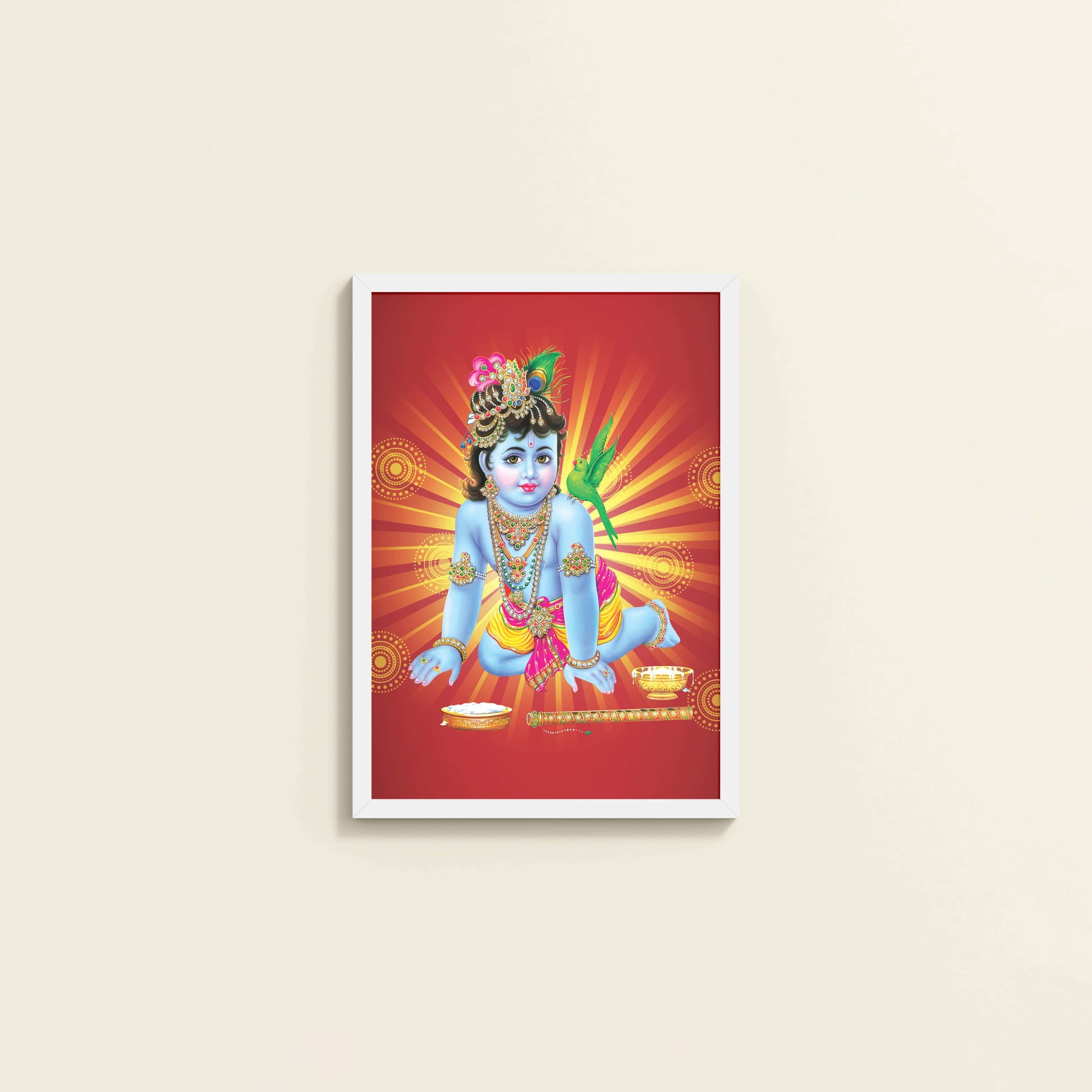Wall View of Bal Krishna Devotional Wall Frame Painting in White Color Frame