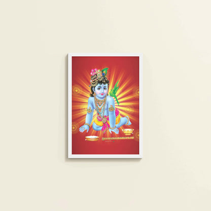 Wall View of Bal Krishna Devotional Wall Frame Painting in White Color Frame