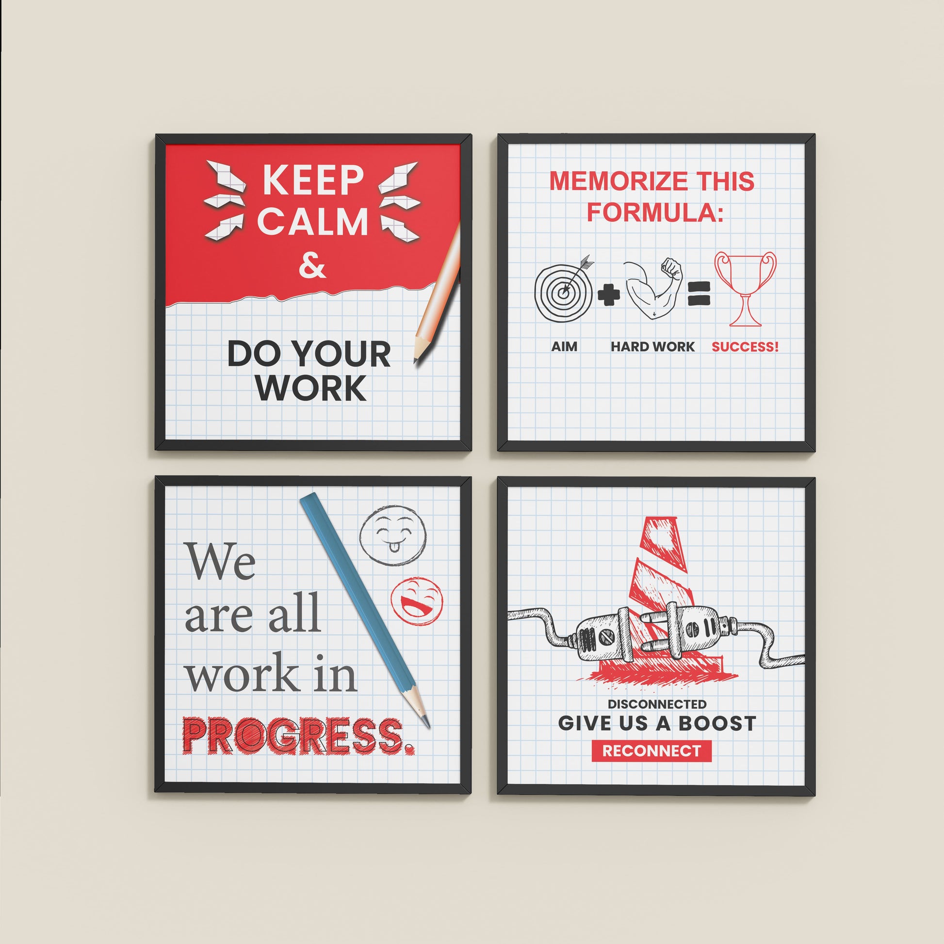 Wall View of Brain Boost – Progress & Success Quote Set of 4 Frames in Black Color Frame