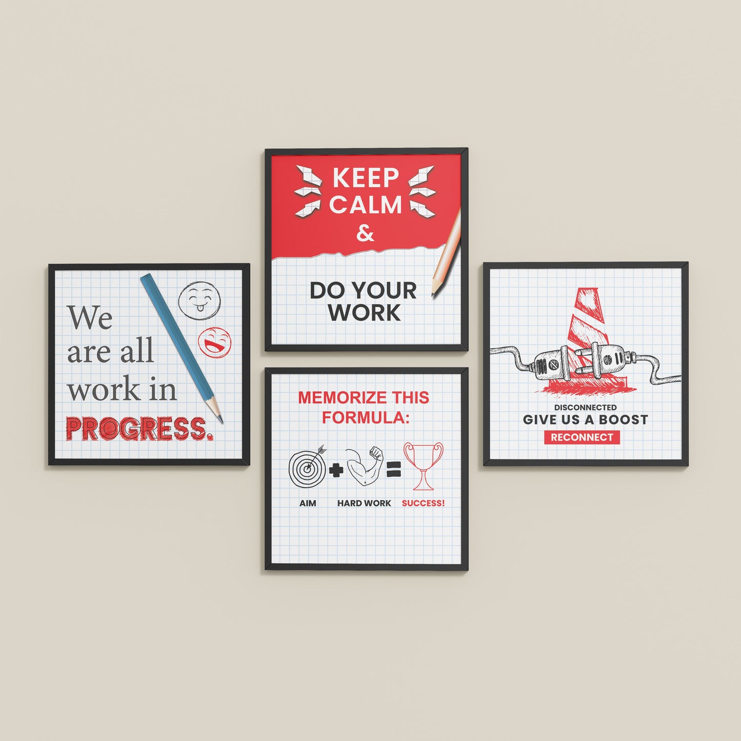Inclined Floor View of Brain Boost – Progress & Success Quote Set of 4 Frames in Black Color Frame