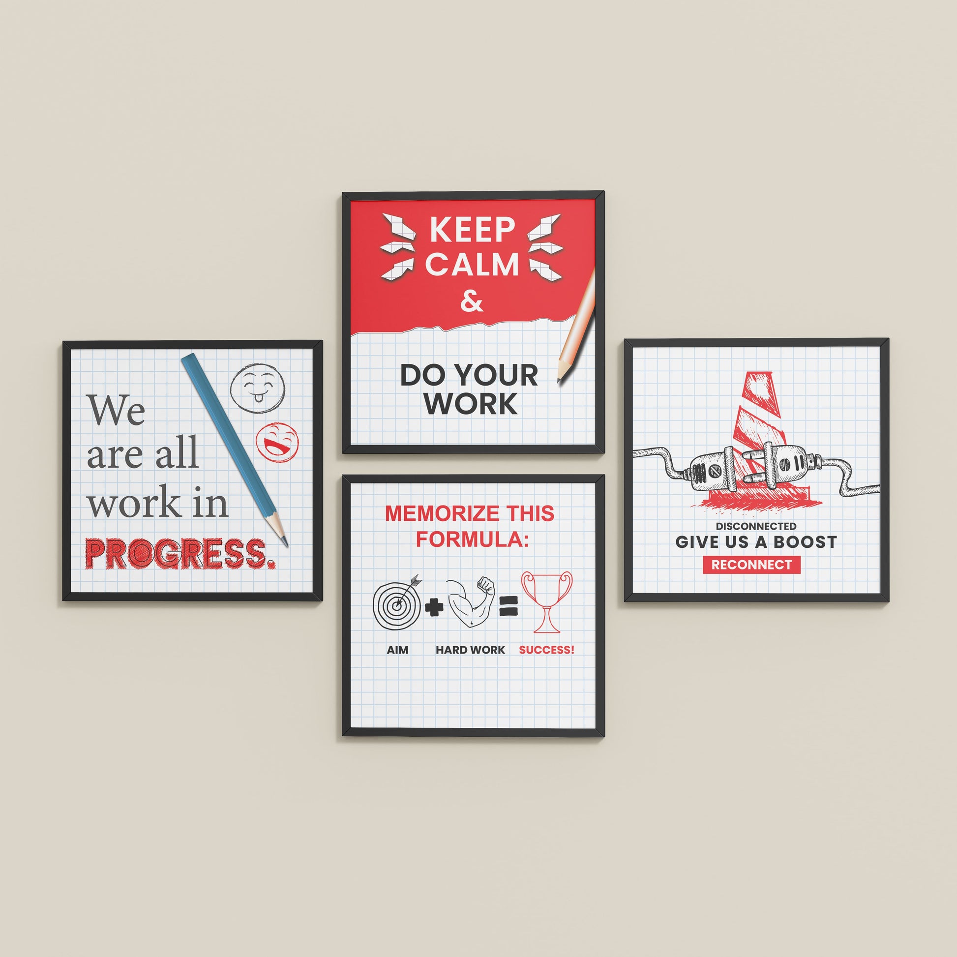 Inclined Floor View of Brain Boost – Progress & Success Quote Set of 4 Frames in Black Color Frame