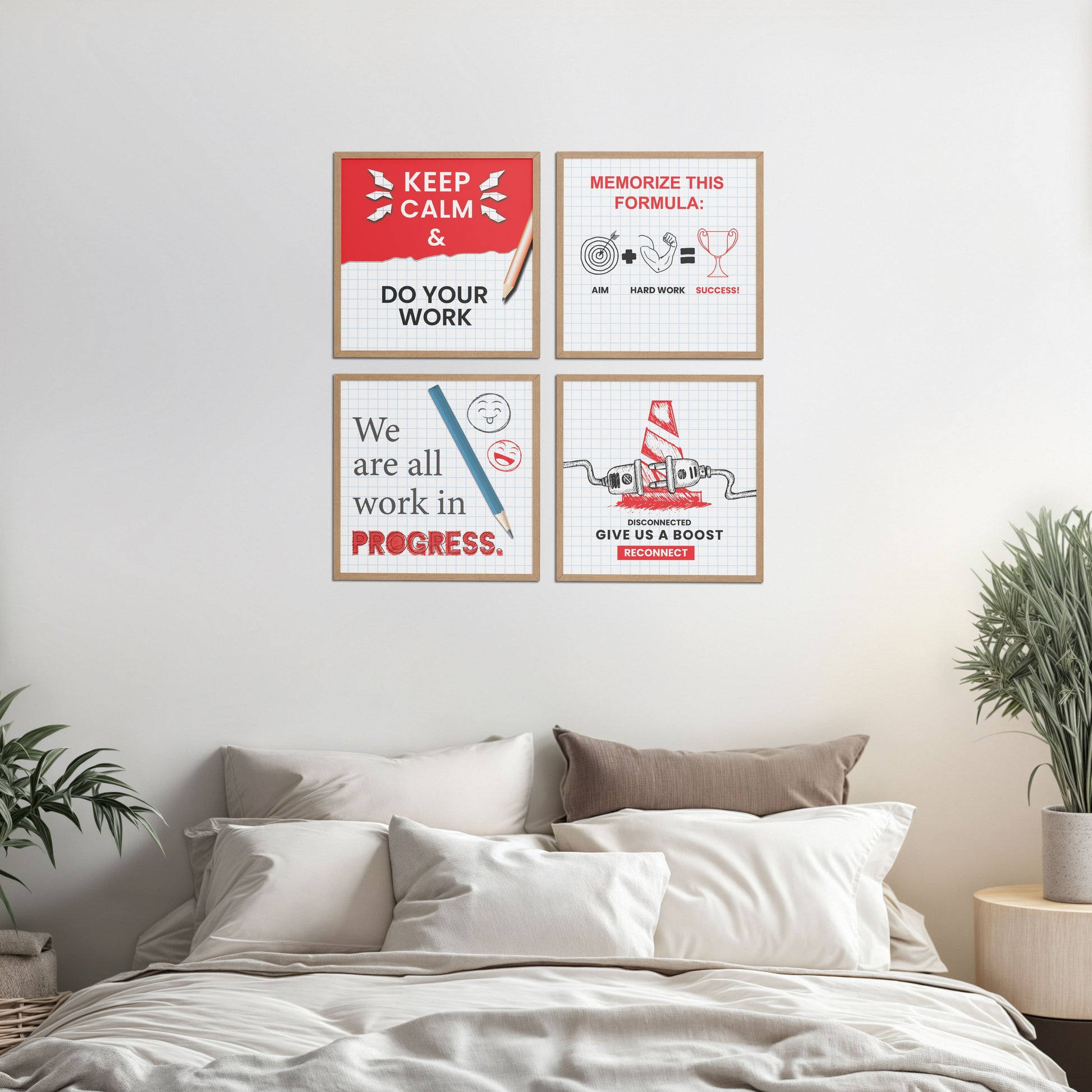 Bed Room Preview of Brain Boost – Progress & Success Quote Set of 4 Frames in Natrual Color Frame