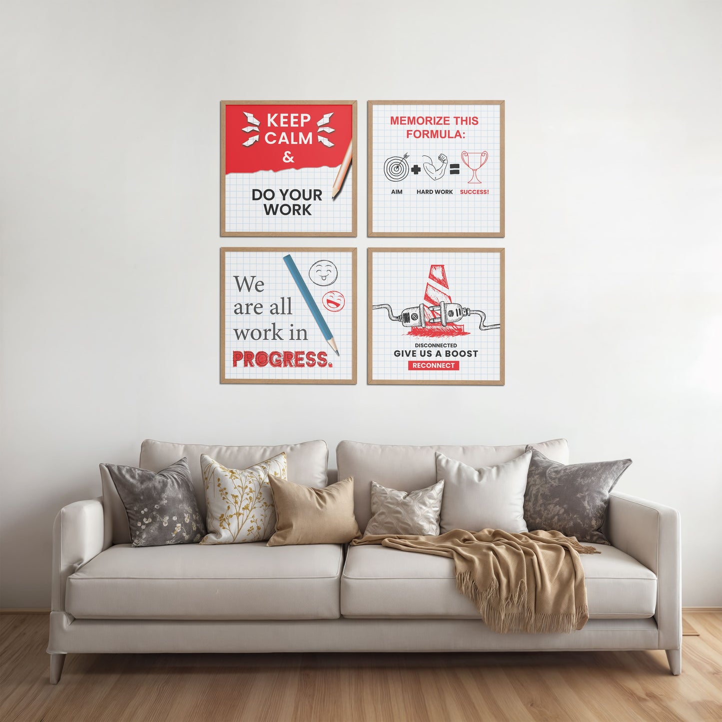 Living Room Sofa Preview of Brain Boost – Progress & Success Quote Set of 4 Frames in Natrual Color Frame