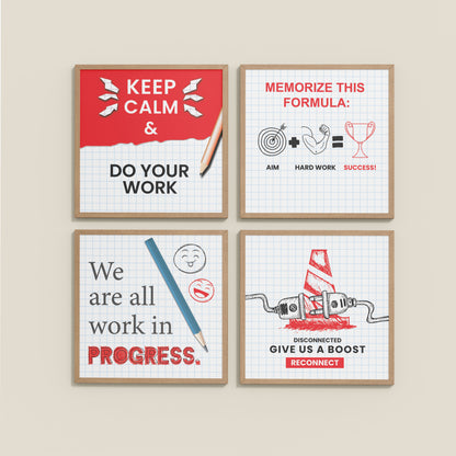 Wall View of Brain Boost – Progress & Success Quote Set of 4 Frames in Natrual Color Frame