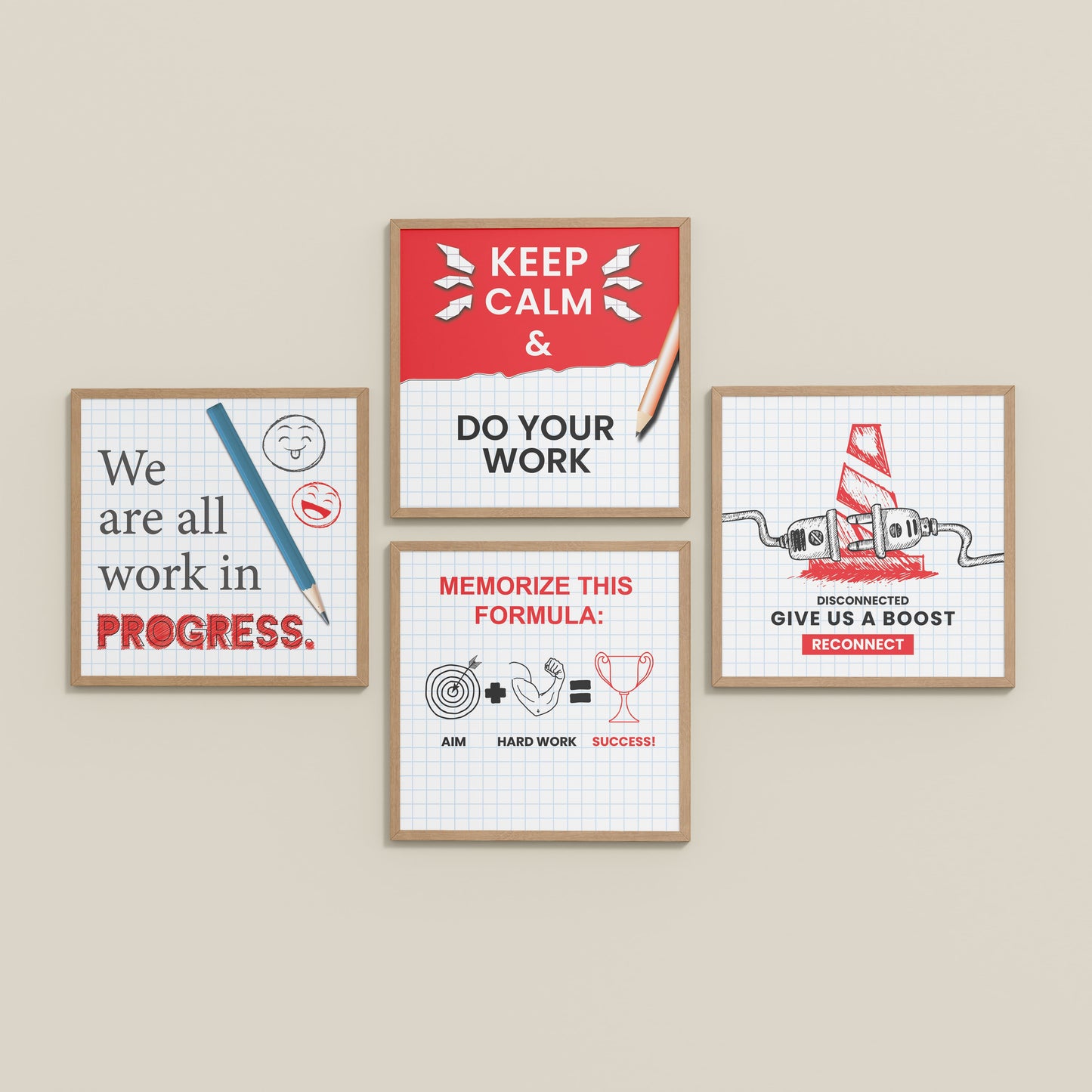 Inclined Floor View of Brain Boost – Progress & Success Quote Set of 4 Frames in Natrual Color Frame