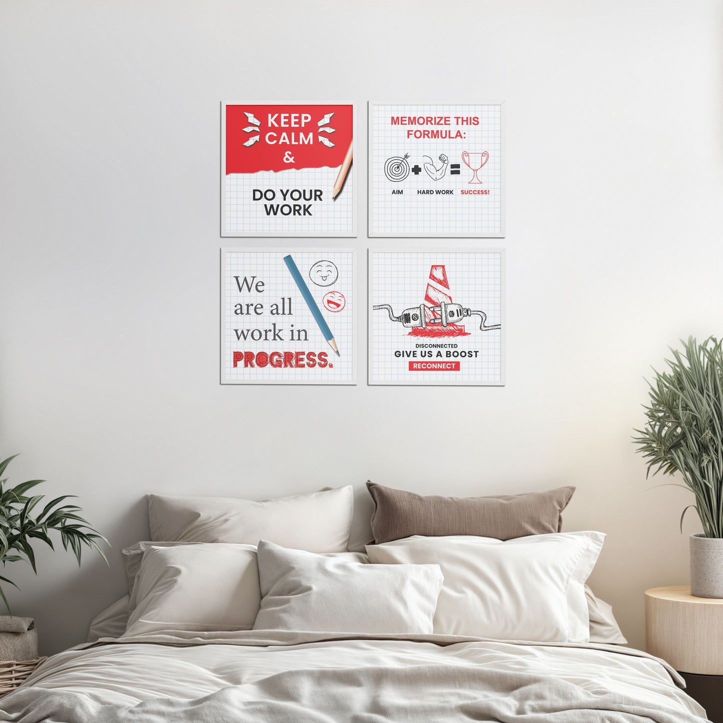 Bed Room Preview of Brain Boost – Progress & Success Quote Set of 4 Frames in White Color Frame