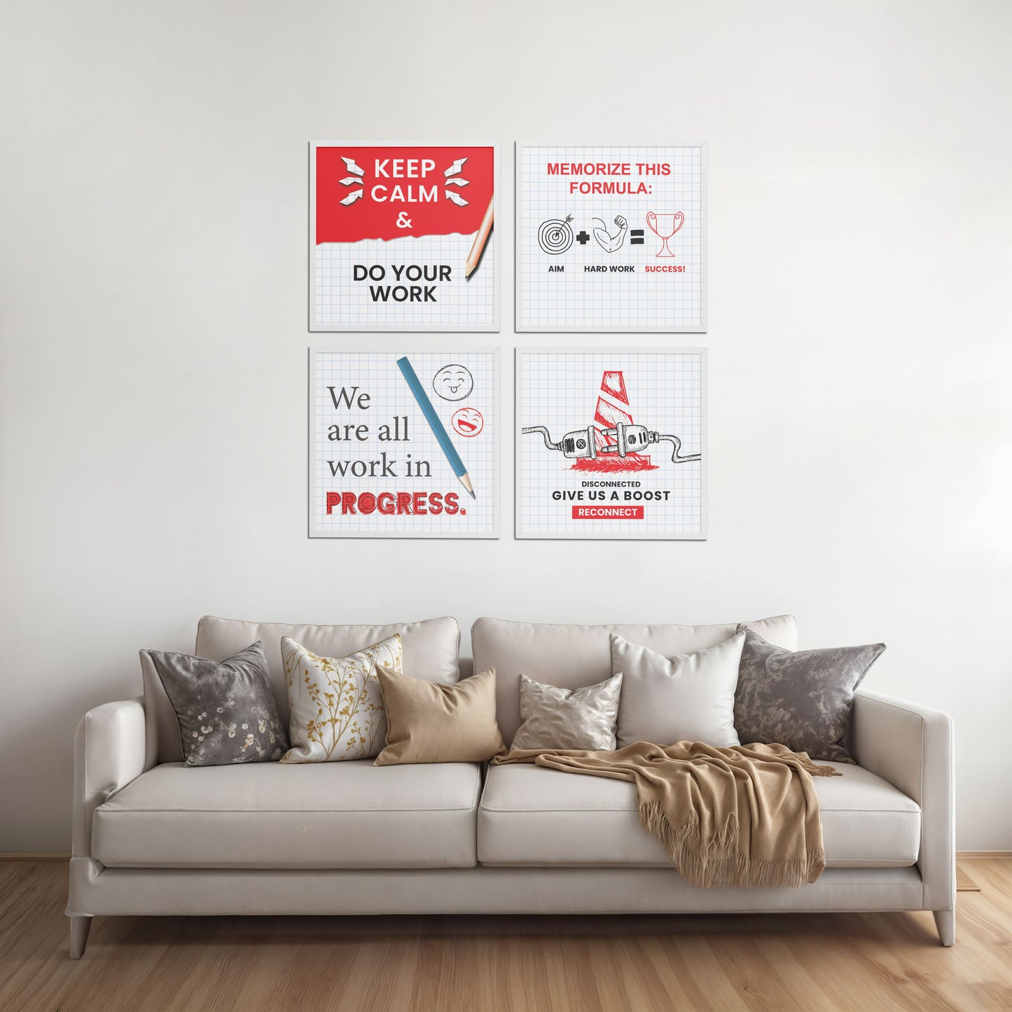 Living Room Sofa Preview of Brain Boost – Progress & Success Quote Set of 4 Frames in White Color Frame