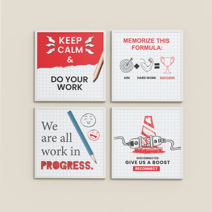 Wall View of Brain Boost – Progress & Success Quote Set of 4 Frames in White Color Frame