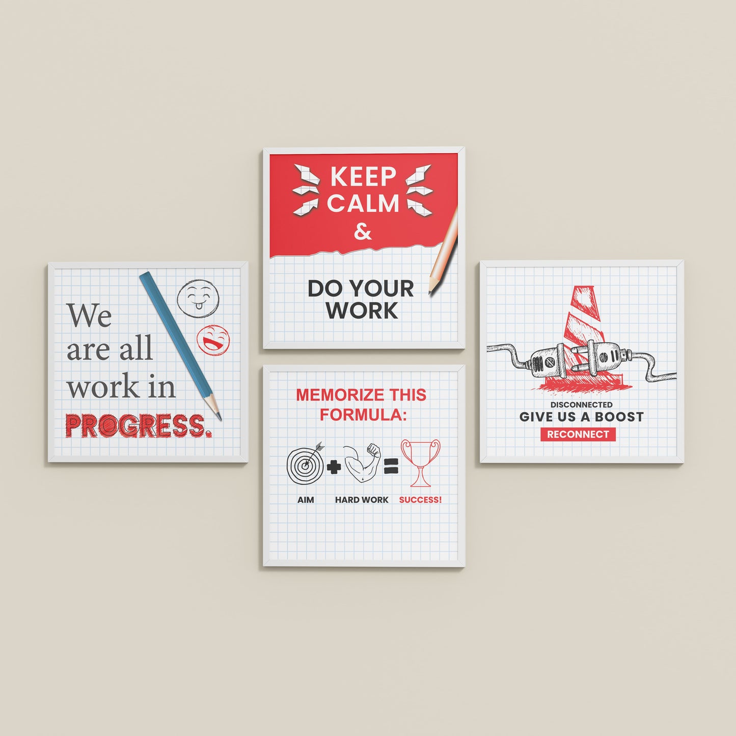 Inclined Floor View of Brain Boost – Progress & Success Quote Set of 4 Frames in White Color Frame