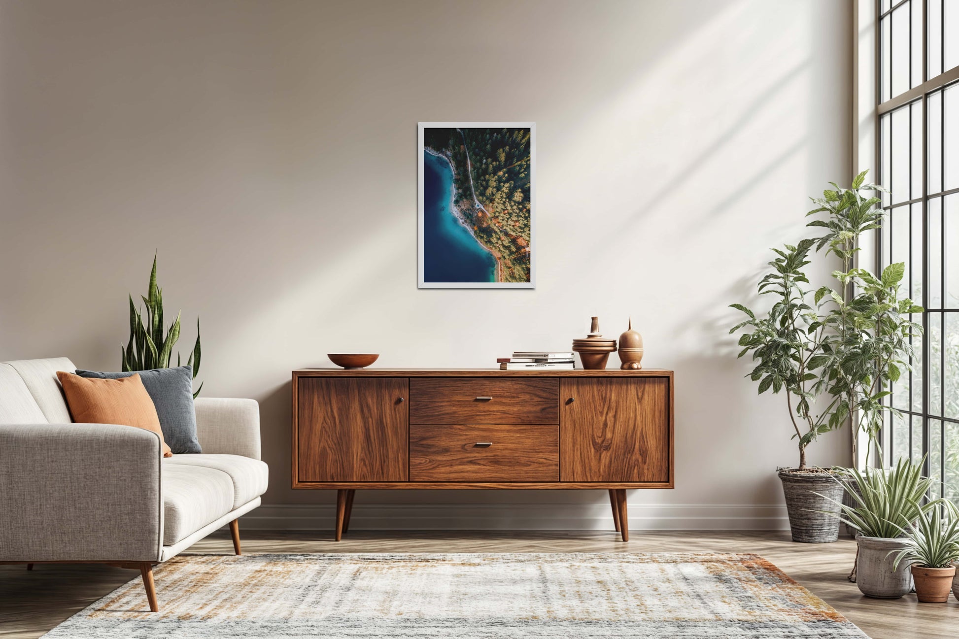 Living Room Sofa Preview of Coastal Trees View – Landscape Wall Art Photo Frame in White Color Frame