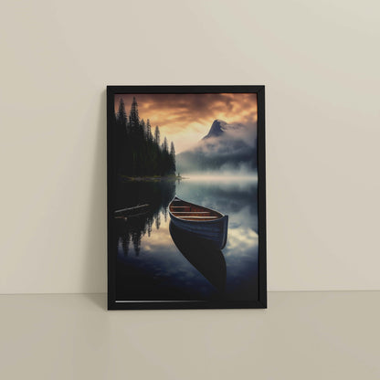 Floor View of Lake Serenity – Wooden Boat Landscape Photo Frame in Black Color Frame