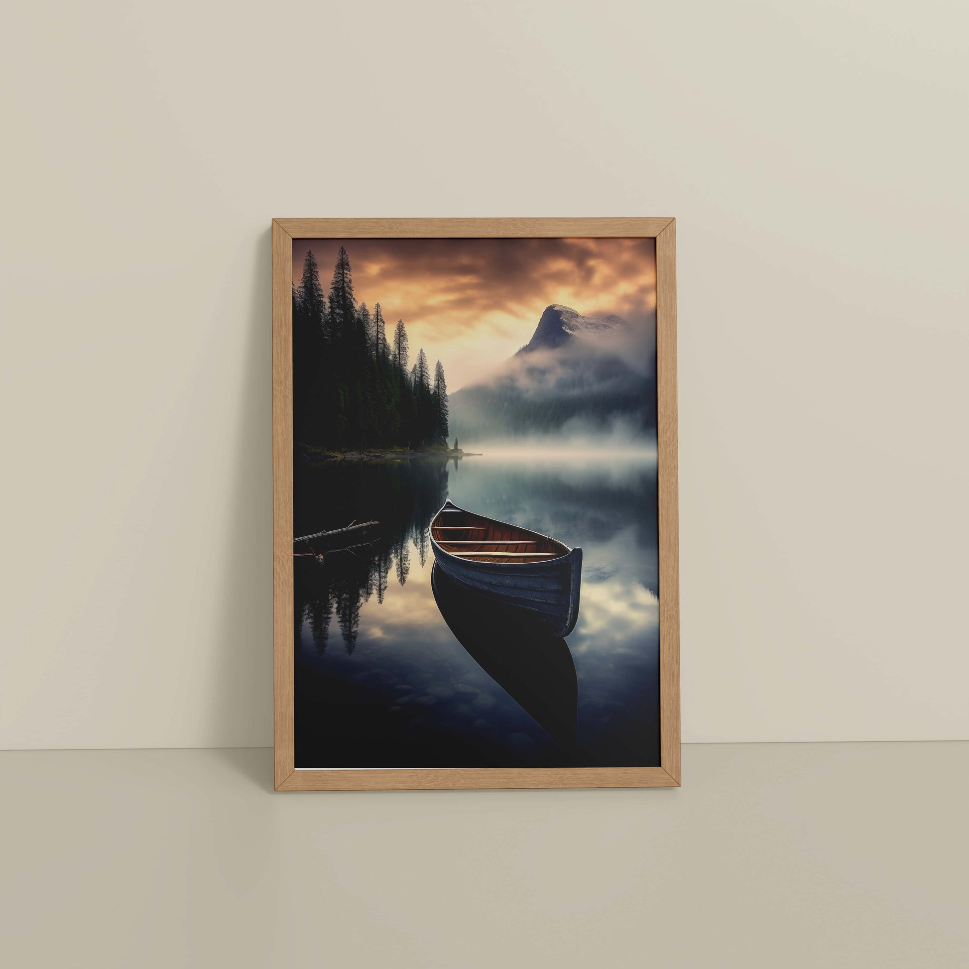Floor View of Lake Serenity – Wooden Boat Landscape Photo Frame in Natrual Color Frame