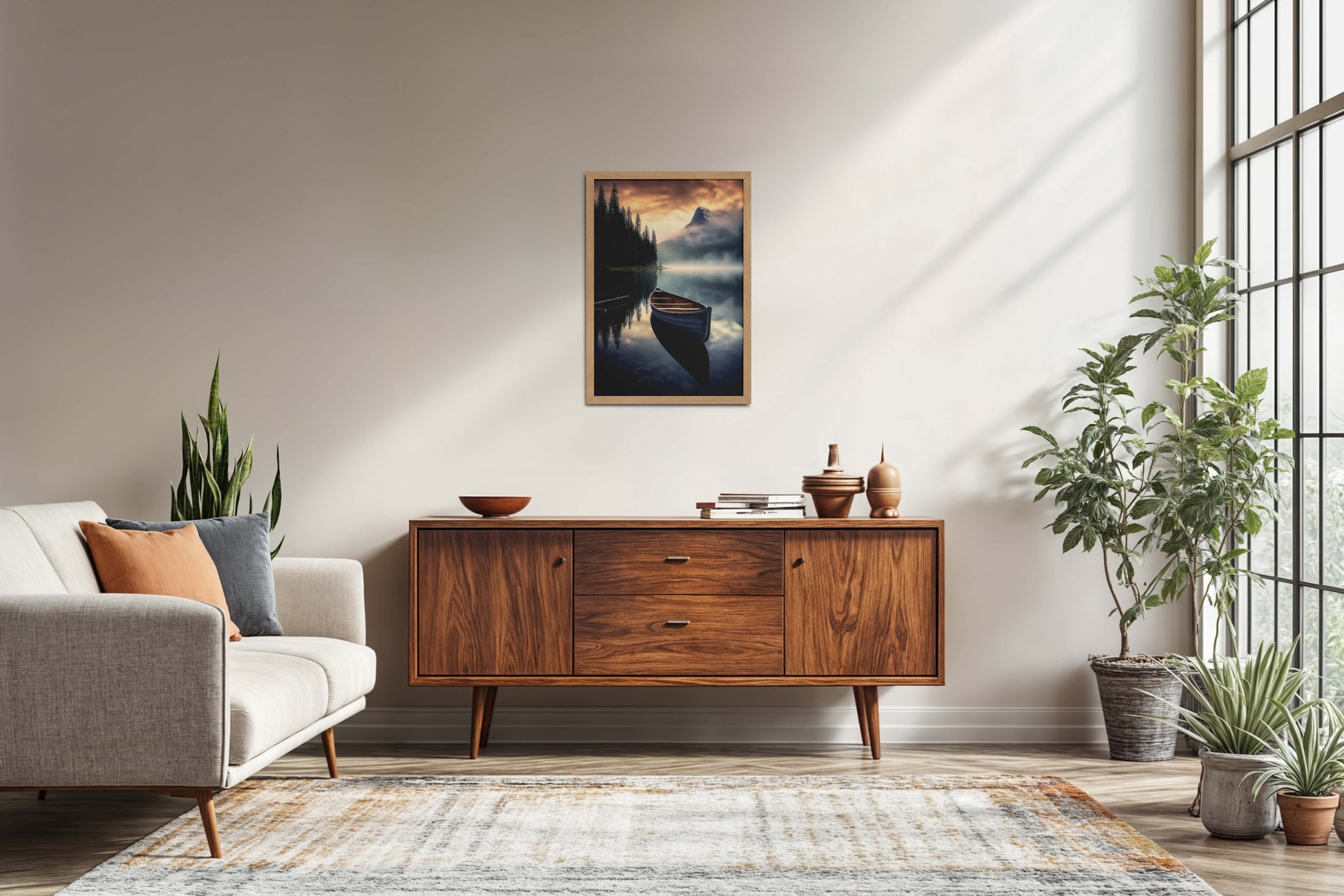 Living Room Sofa Preview of Lake Serenity – Wooden Boat Landscape Photo Frame in Natrual Color Frame