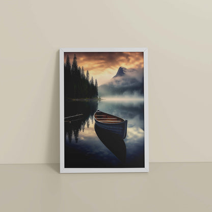 Floor View of Lake Serenity – Wooden Boat Landscape Photo Frame in White Color Frame