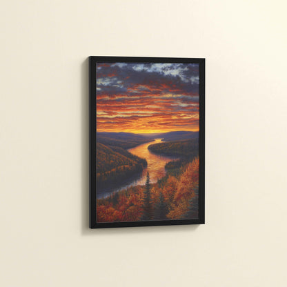 Side View of Autumn Glow – Sunset Over River Landscape Wall Frame in Black Color Frame