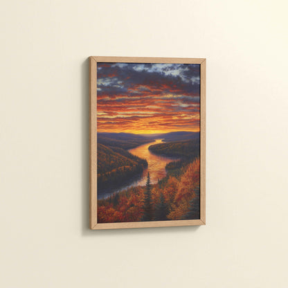 Side View of Autumn Glow – Sunset Over River Landscape Wall Frame in Natrual Color Frame