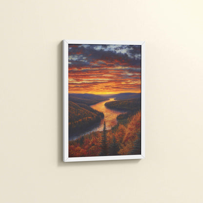Side View of Autumn Glow – Sunset Over River Landscape Wall Frame in White Color Frame