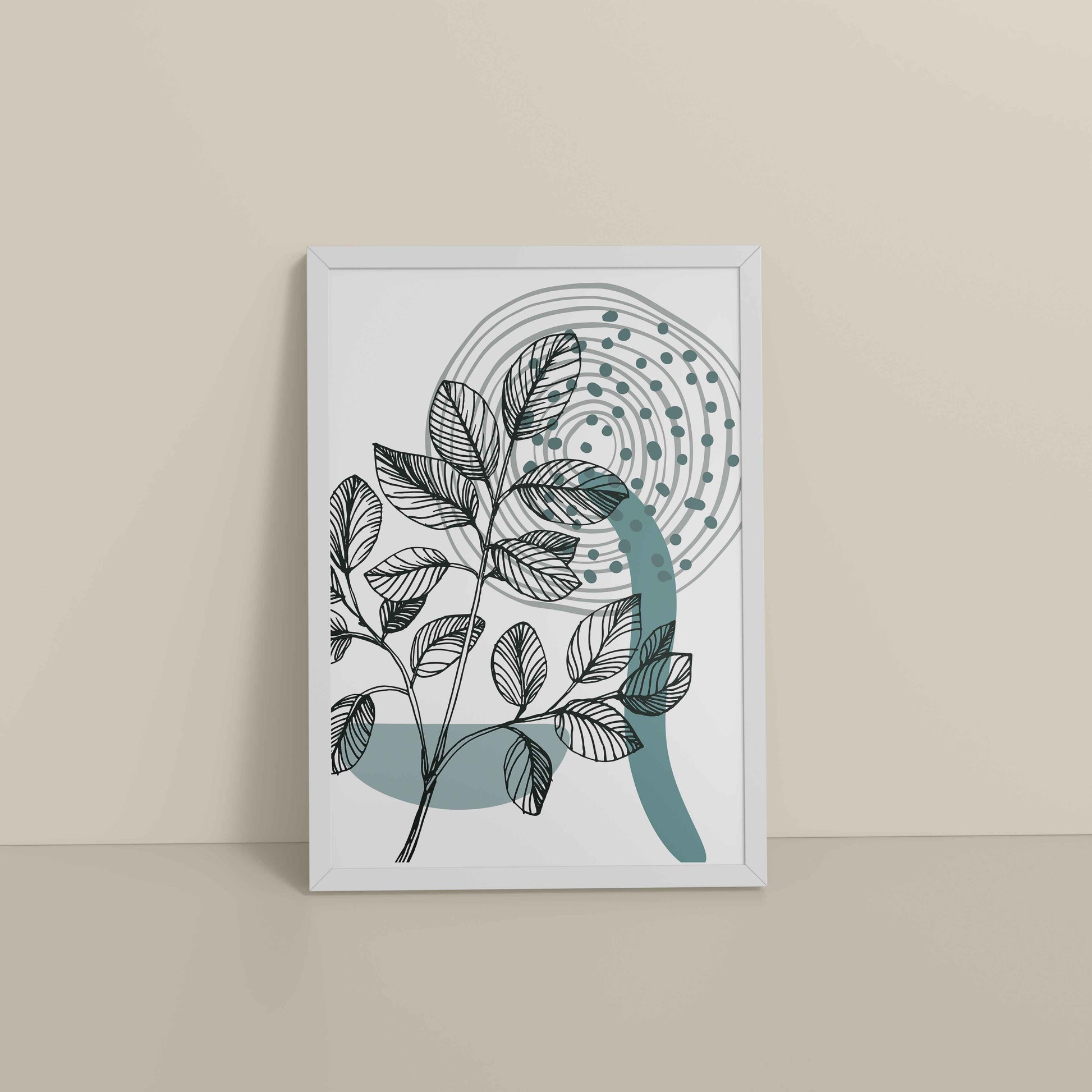 Floor View of Nature’s Rhythm – Contemporary Leaf Line Art in White Color Frame