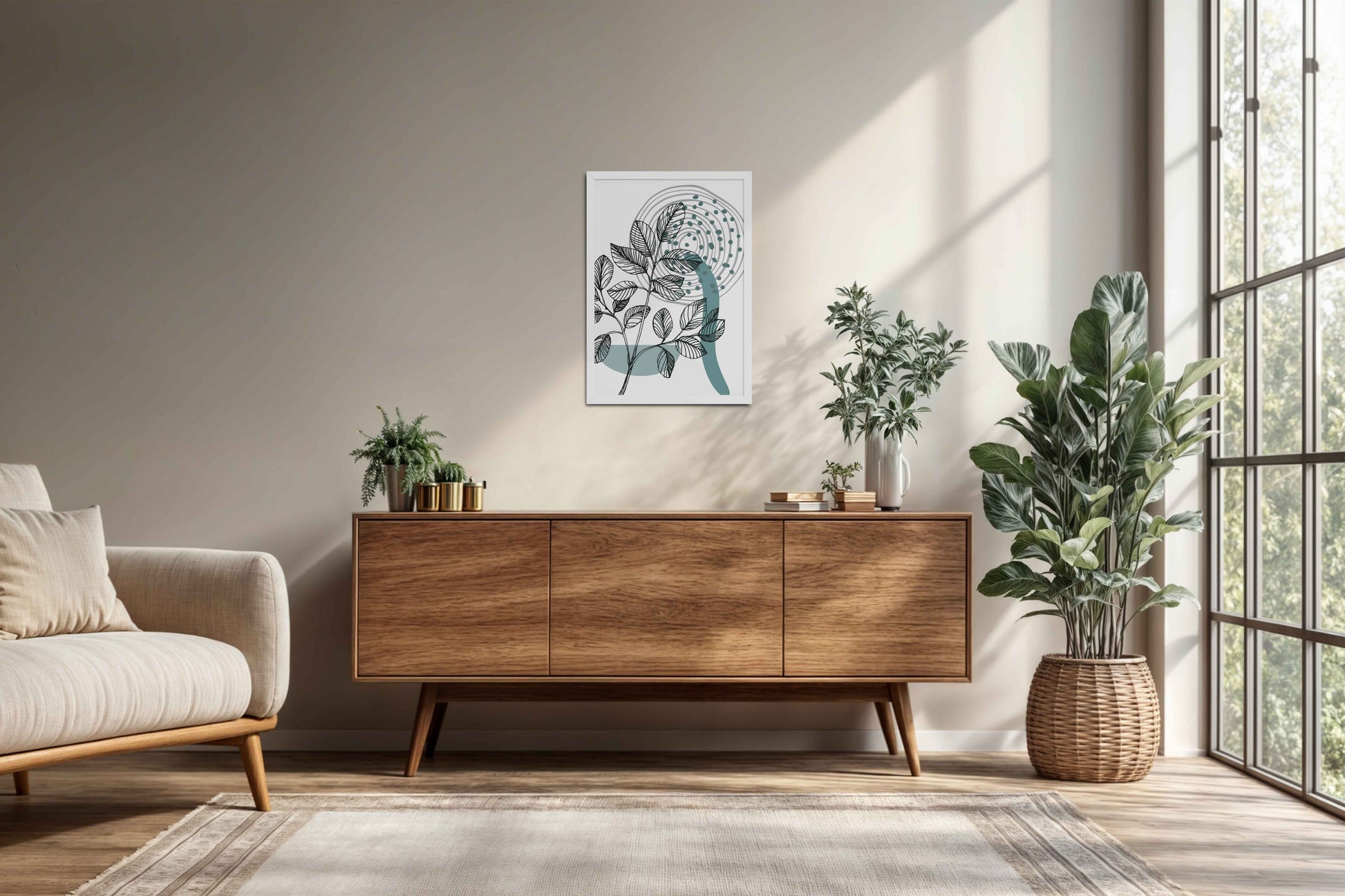 Living Room Cabinet Preview of Nature’s Rhythm – Contemporary Leaf Line Art in White Color Frame