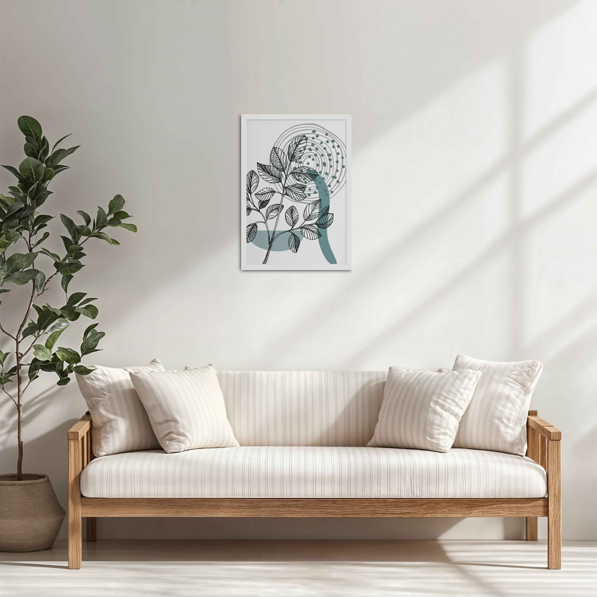 Living Room Cabinet Table Preview of Nature’s Rhythm – Contemporary Leaf Line Art in White Color Frame