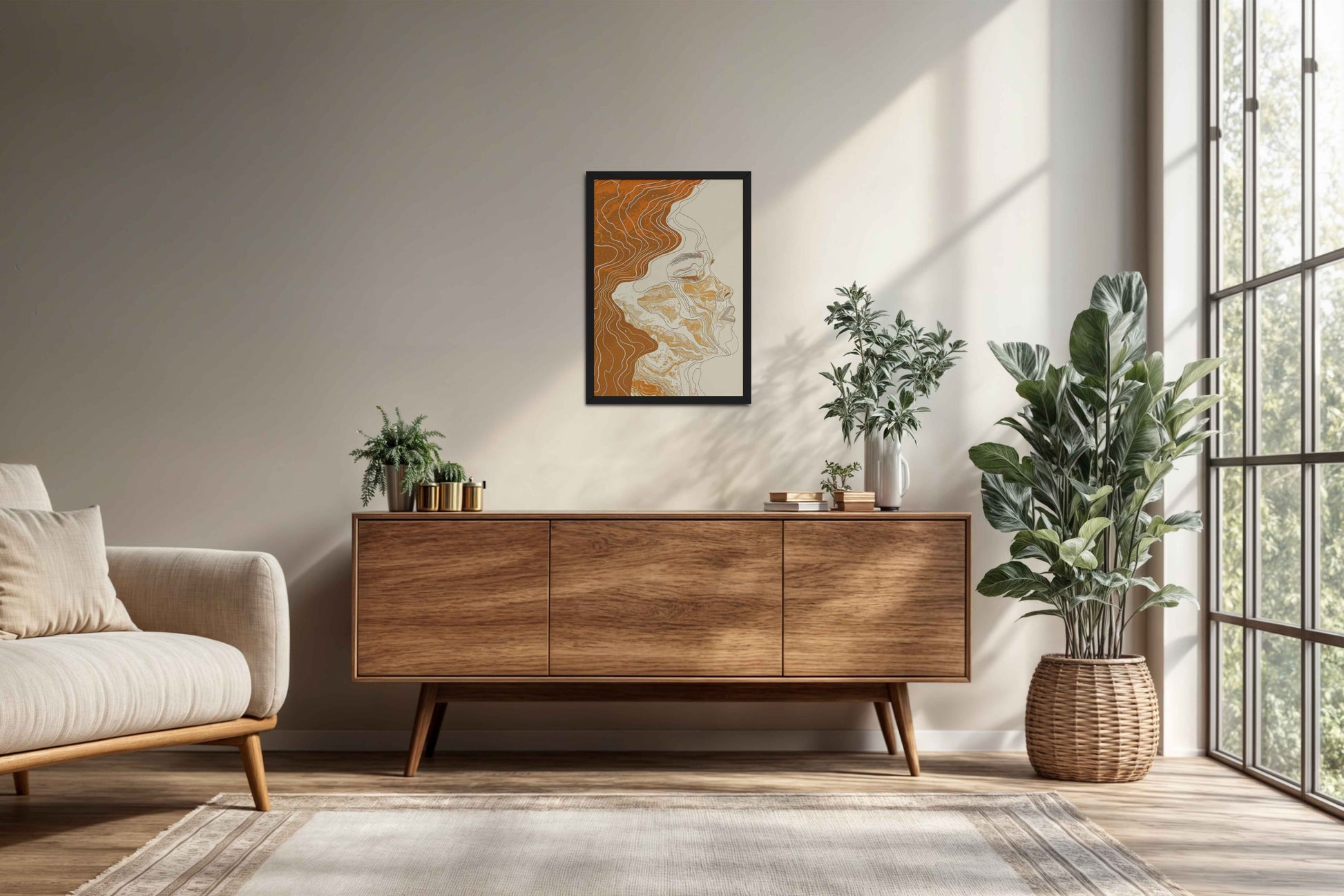 Living Room Cabinet Preview of Ethereal Flow – Abstract Female Line Art in Black Color Frame