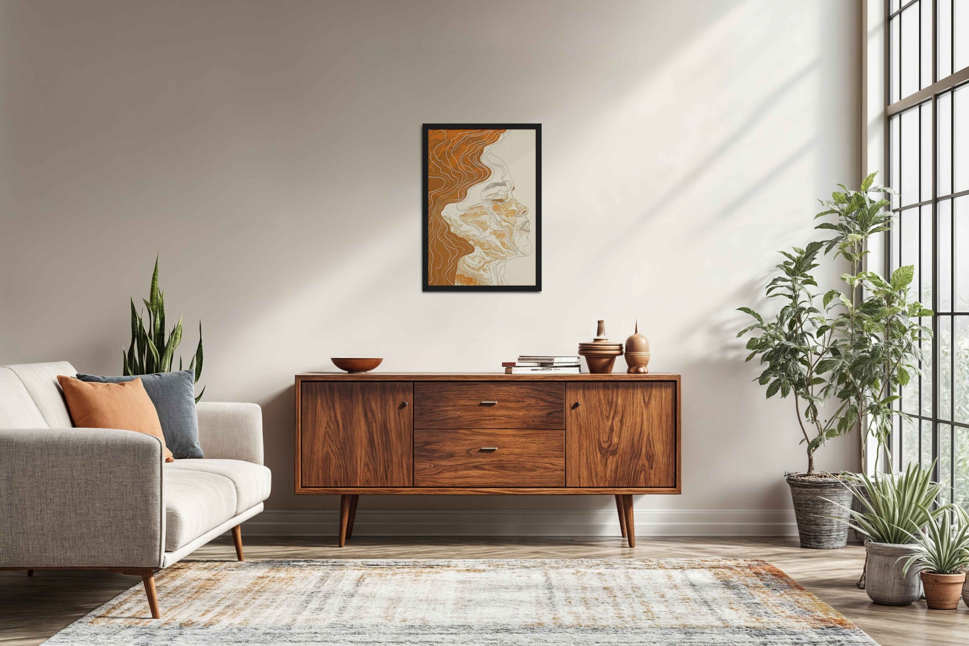 Living Room Sofa Preview of Ethereal Flow – Abstract Female Line Art in Black Color Frame