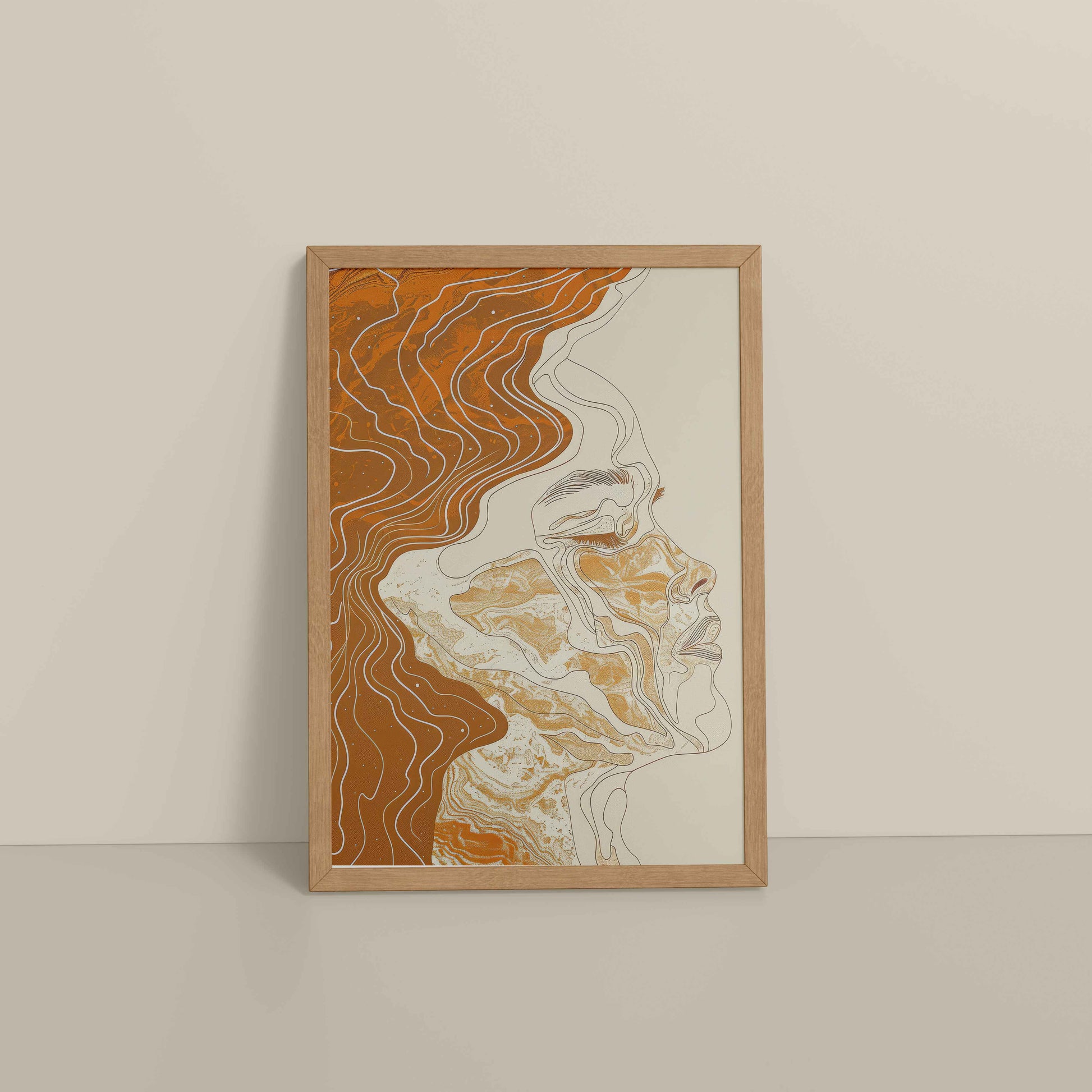 Floor View of Ethereal Flow – Abstract Female Line Art in Natrual Color Frame