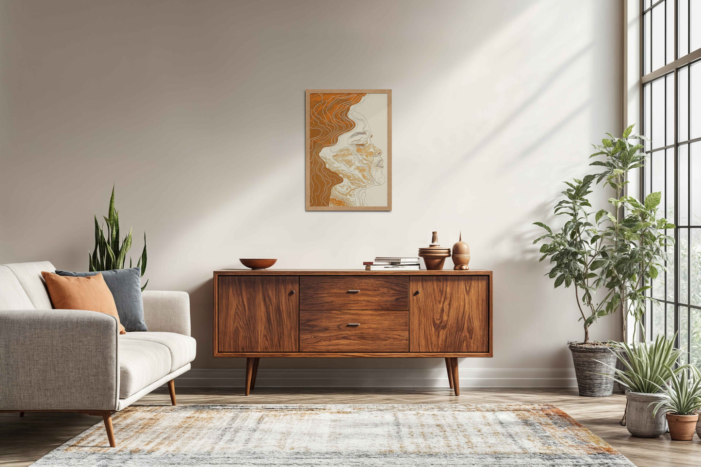 Living Room Sofa Preview of Ethereal Flow – Abstract Female Line Art in Natrual Color Frame