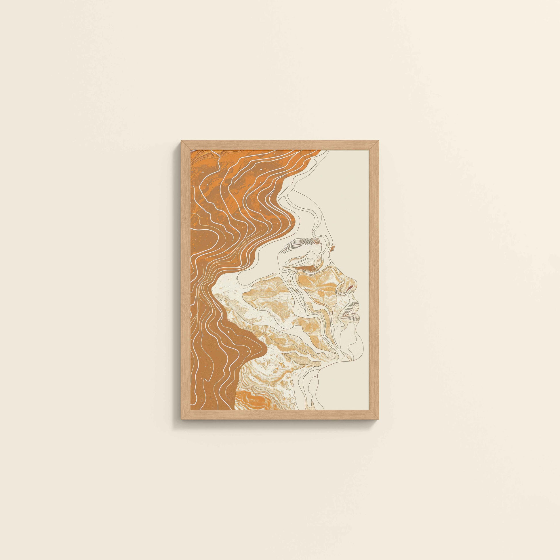 Wall View of Ethereal Flow – Abstract Female Line Art in Natrual Color Frame