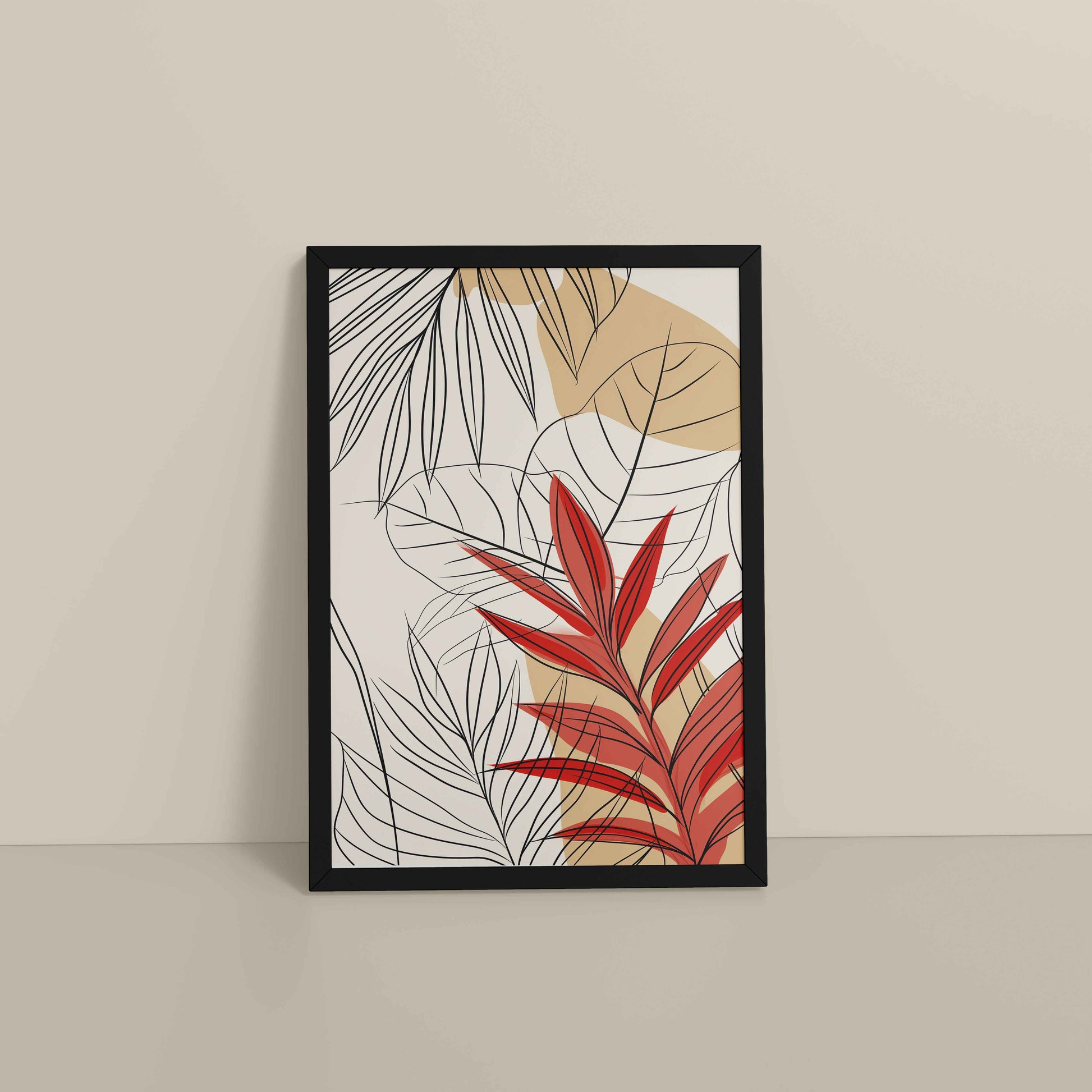 Floor View of Abstract Botanical Line Art – Floral & Leaf Motifs in Black Color Frame