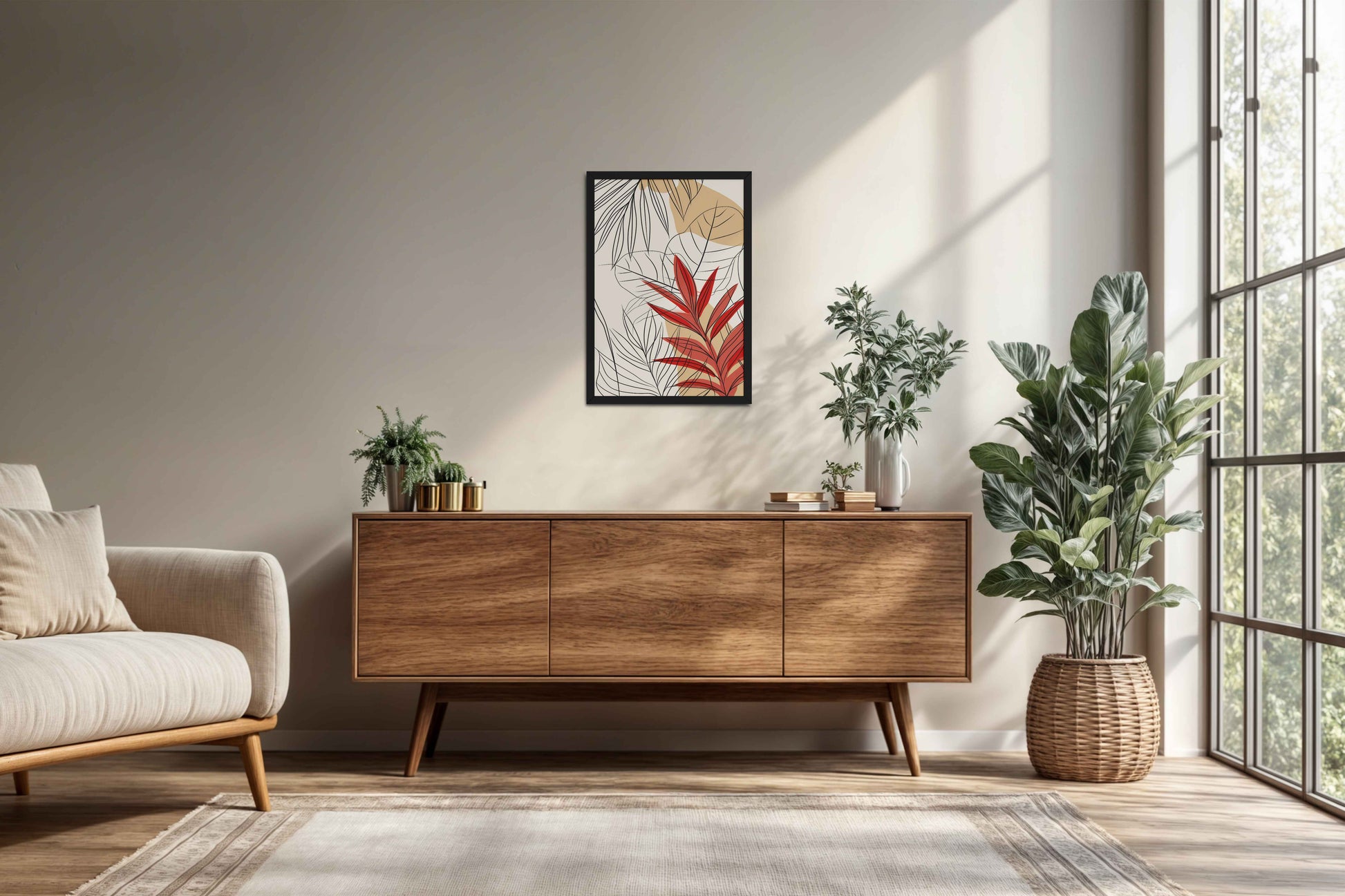 Living Room Cabinet Preview of Abstract Botanical Line Art – Floral & Leaf Motifs in Black Color Frame