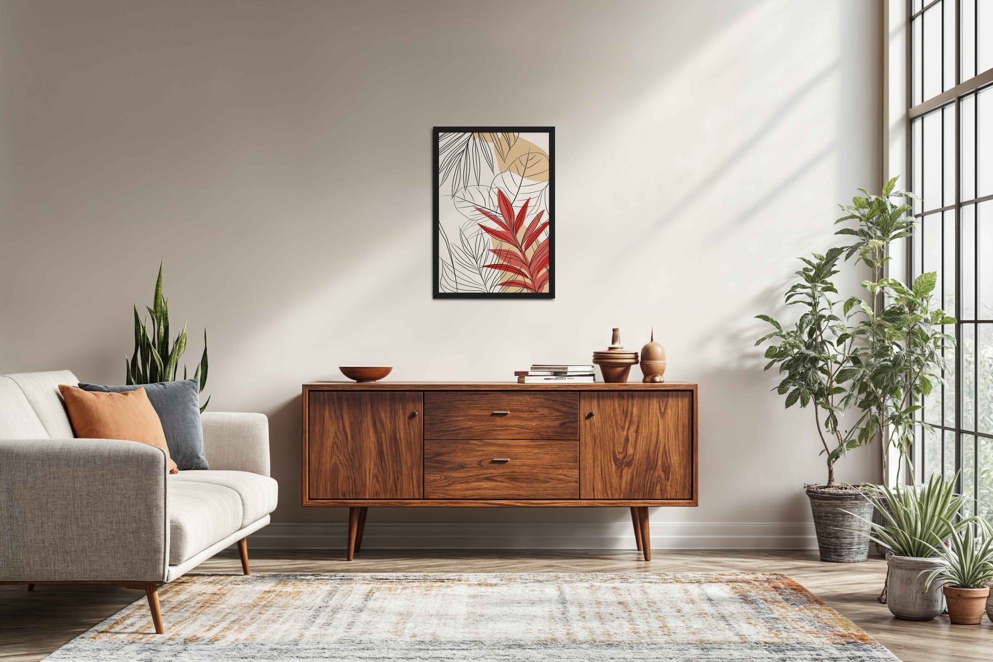 Living Room Sofa Preview of Abstract Botanical Line Art – Floral & Leaf Motifs in Black Color Frame