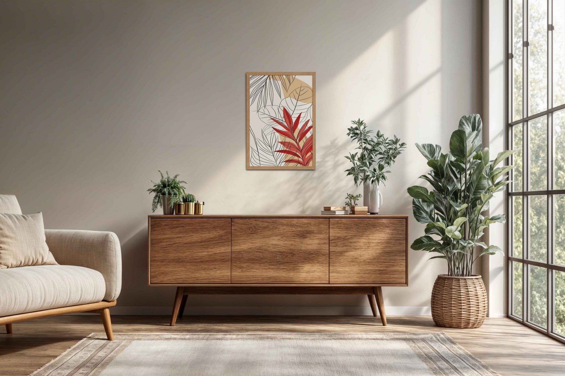 Living Room Cabinet Preview of Abstract Botanical Line Art – Floral & Leaf Motifs in Natrual Color Frame