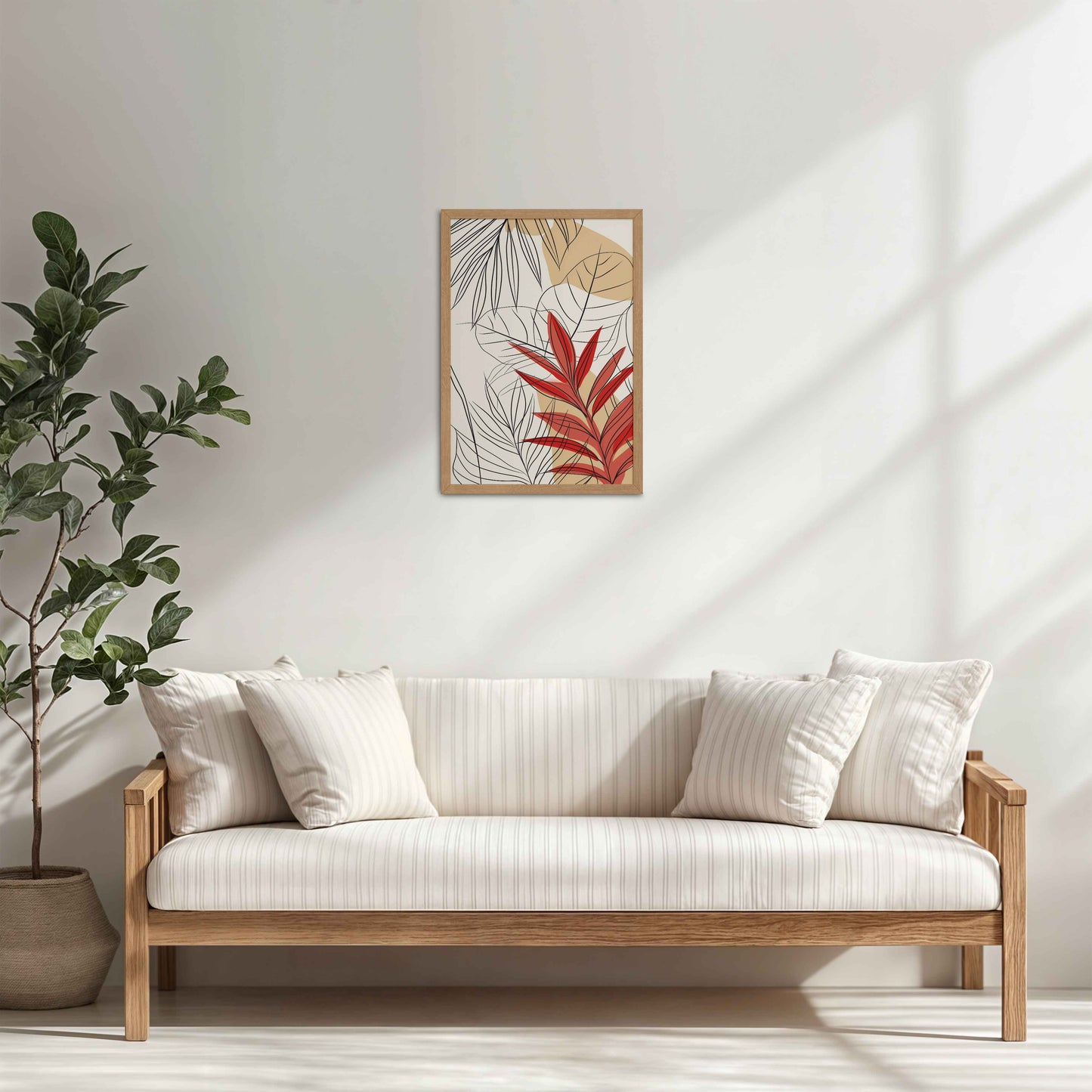 Living Room Cabinet Table Preview of Abstract Botanical Line Art – Floral & Leaf Motifs in Natrual Color Frame