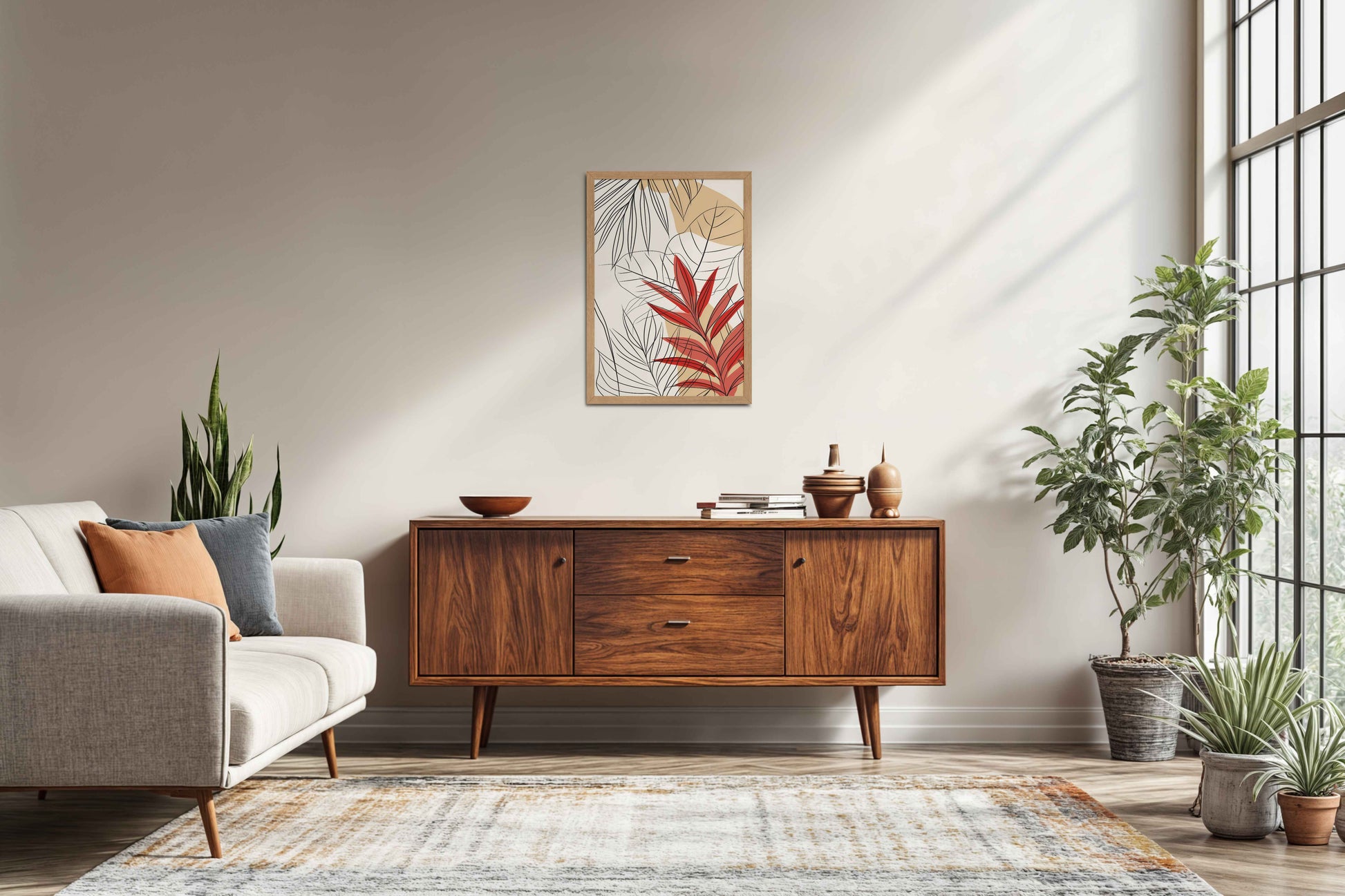 Living Room Sofa Preview of Abstract Botanical Line Art – Floral & Leaf Motifs in Natrual Color Frame